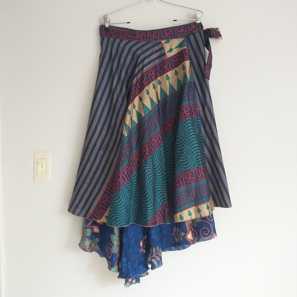 Advance Apparels Wrap Skirt OS Geometric Silk Patchwork Boho Festival Ethnic